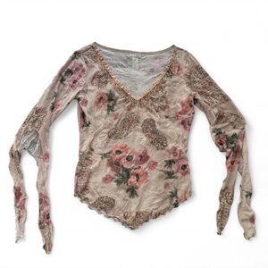 XOXO Beige Floral Whimsical Romantic Chic Long Sleeve Blouse